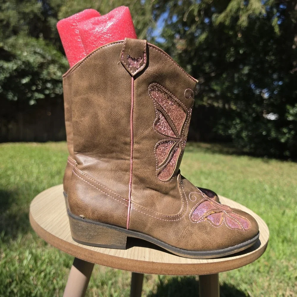 Wonder Nation Girls Butterfly Western Cowgirl Boots Brown Pink Glitter